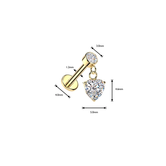 Gold internally threaded labret with Heart Zirconia dangle