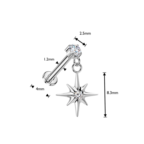 Titanium North Star dangle push-in labret with CZ