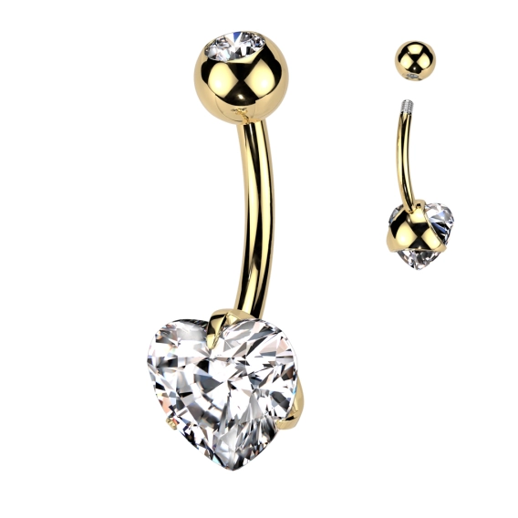 Gold belly button barbell white heart