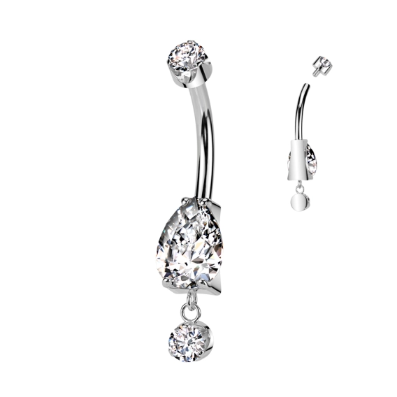 Tytanowy banan do pępka Pear cut dangle  białe cyrkonie