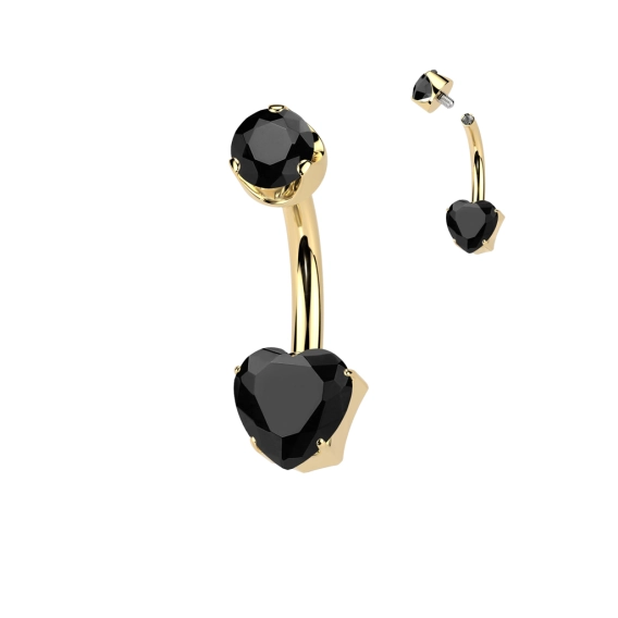 Gold titanium Mini heart navel barbell with black agate