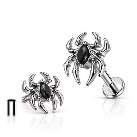 Tytanowy labret Black Widow z czarną cyrkonią
