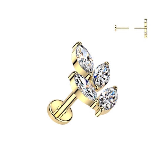 Gold titanium Marquise Leaf labret with clear gems