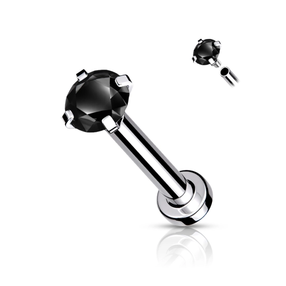 Labret z czarną cyrkonią prong set i gwintem wewnętrznym