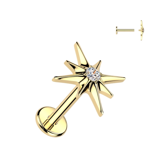Gold titanium North Star internally threaded labret with cubic zirconia