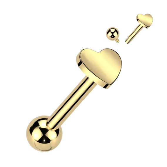 Gold titanium internally threaded Heart & Ball labret