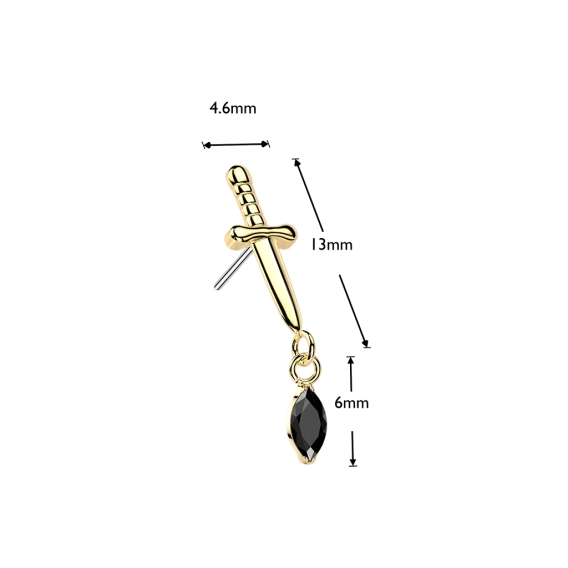 Złota ozdoba push-in Bloody dagger czarna cyrkonia