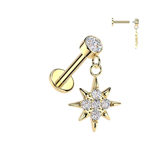 Złoty labret z zawieszką Sunburst i gwintem wewnętrznym