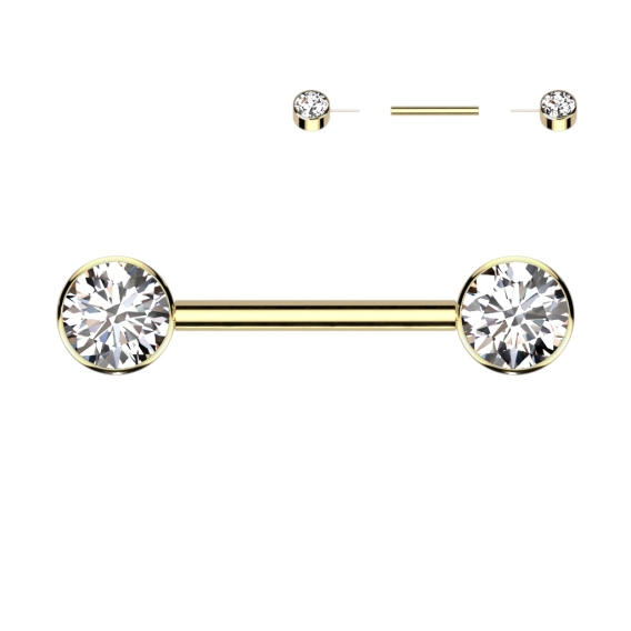 Gold titanium push-in nipple barbell clear gems