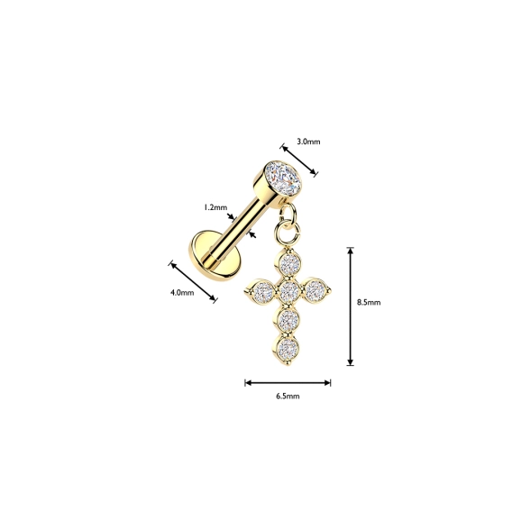 Złoty labret z zawieszką Cross i gwintem wewnętrznym