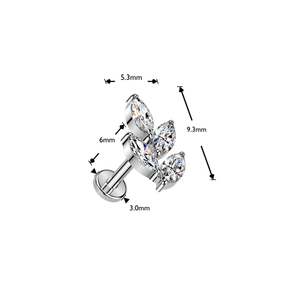 Tytanowy labret Marquise Leaf z cyrkoniami