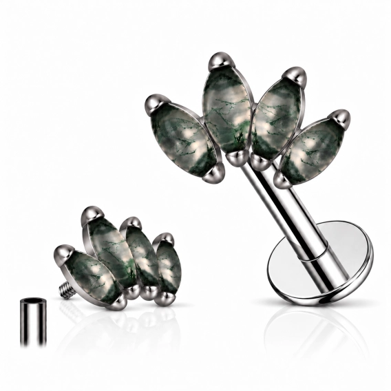 Tytanowy labret 4 marquise moss agate prong set