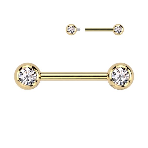 Gold internally threaded nipple barbell with clear gems