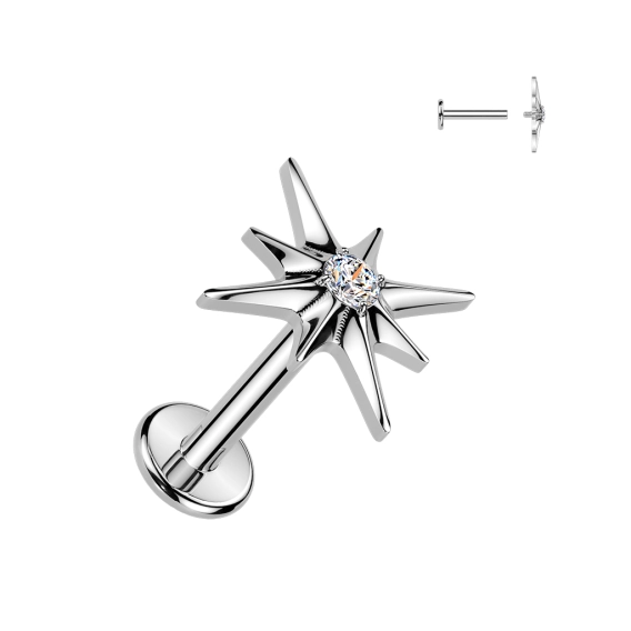 Titanium North Star internally threaded labret with cubic zirconia