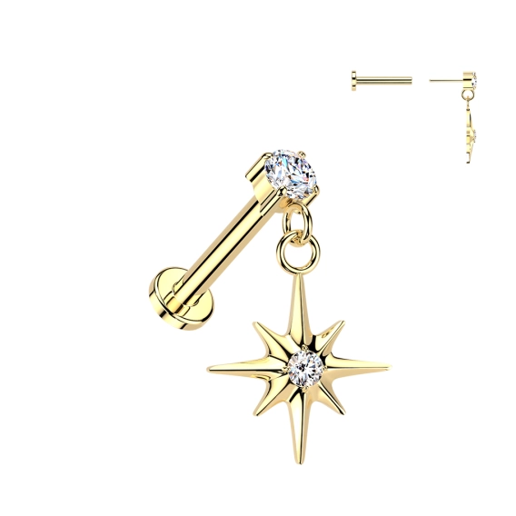 Gold North Star dangle push-in labret with CZ
