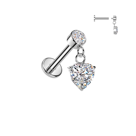 Internally threaded labret with Heart Zirconia dangle