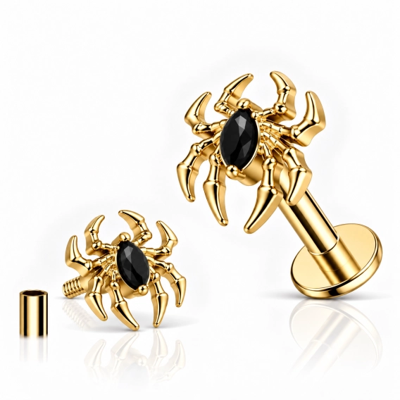 Złoty tytanowy labret Black Widow z czarną cyrkonią