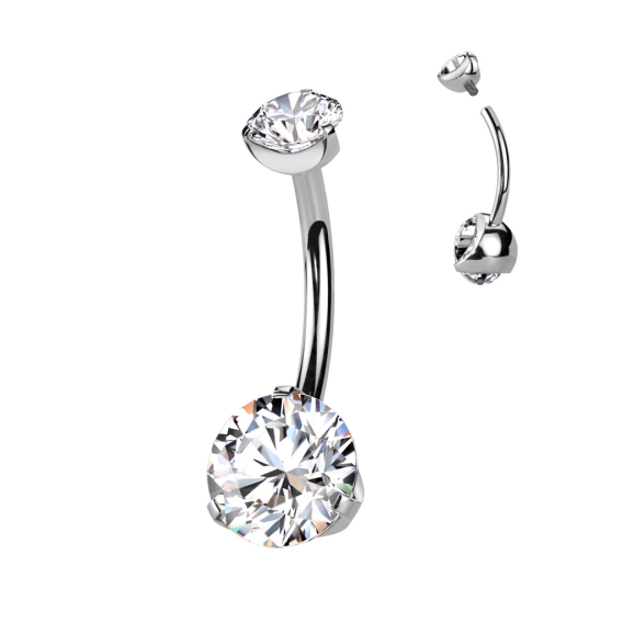 Titanium belly button barbell round clear gemstones