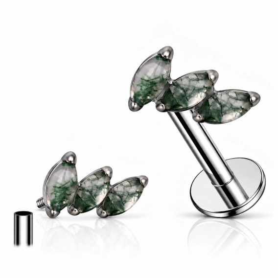 Tytanowy labret 3 marquise leaf moss agate prong set