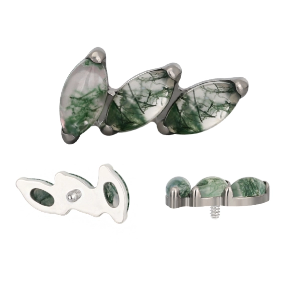 Tytanowy labret 3 marquise leaf moss agate prong set