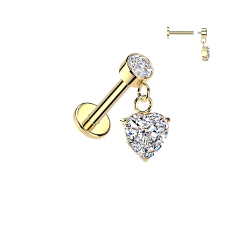 Gold internally threaded labret with Heart Zirconia dangle
