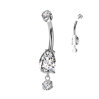 Tytanowy banan do pępka Pear cut dangle  białe cyrkonie