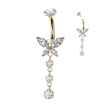 Gold navel barbell Crystal Butterfly dangle