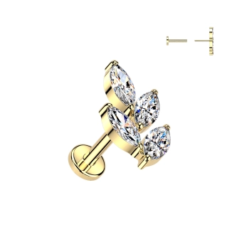 Gold titanium Marquise Leaf labret with clear gems