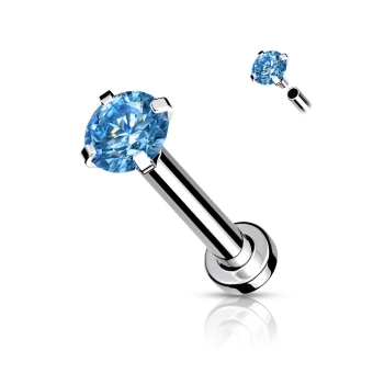 Labret z błękitną cyrkonią prong set i gwintem wewnętrznym