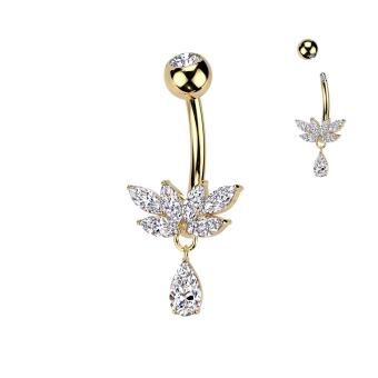 Gold navel barbell Crystal Lotus dangle