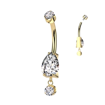 Złoty banan do pępka Pear cut dangle  białe cyrkonie