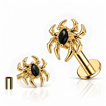Złoty tytanowy labret Black Widow z czarną cyrkonią