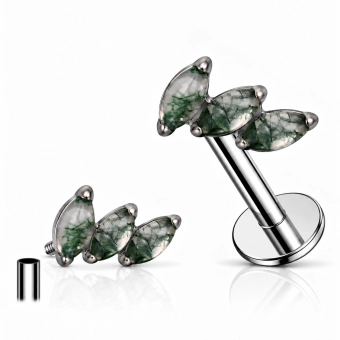 Tytanowy labret 3 marquise leaf moss agate prong set