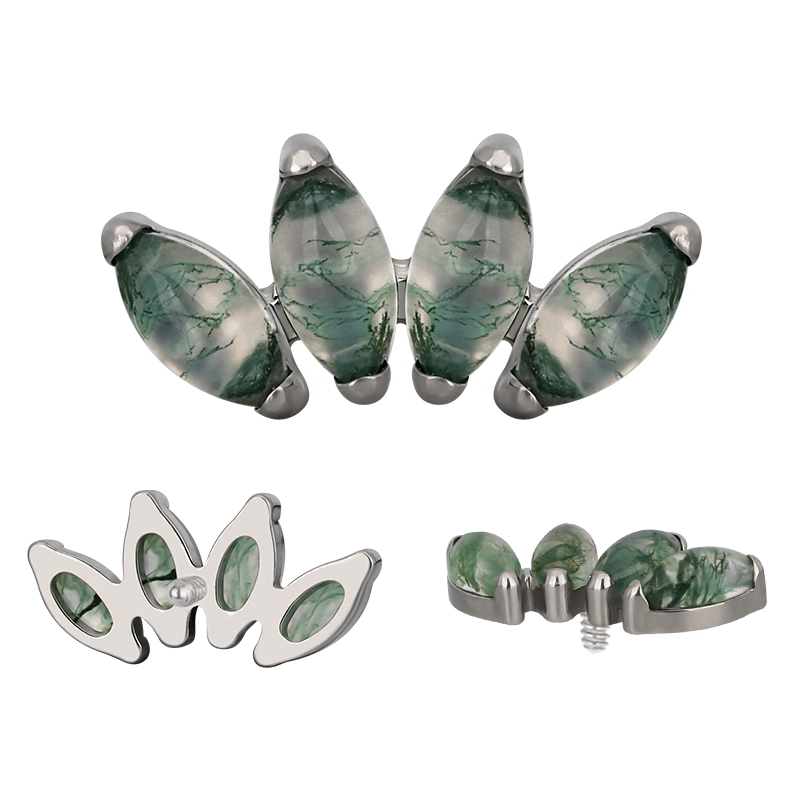 Tytanowy labret 3 marquise moss agate prong set