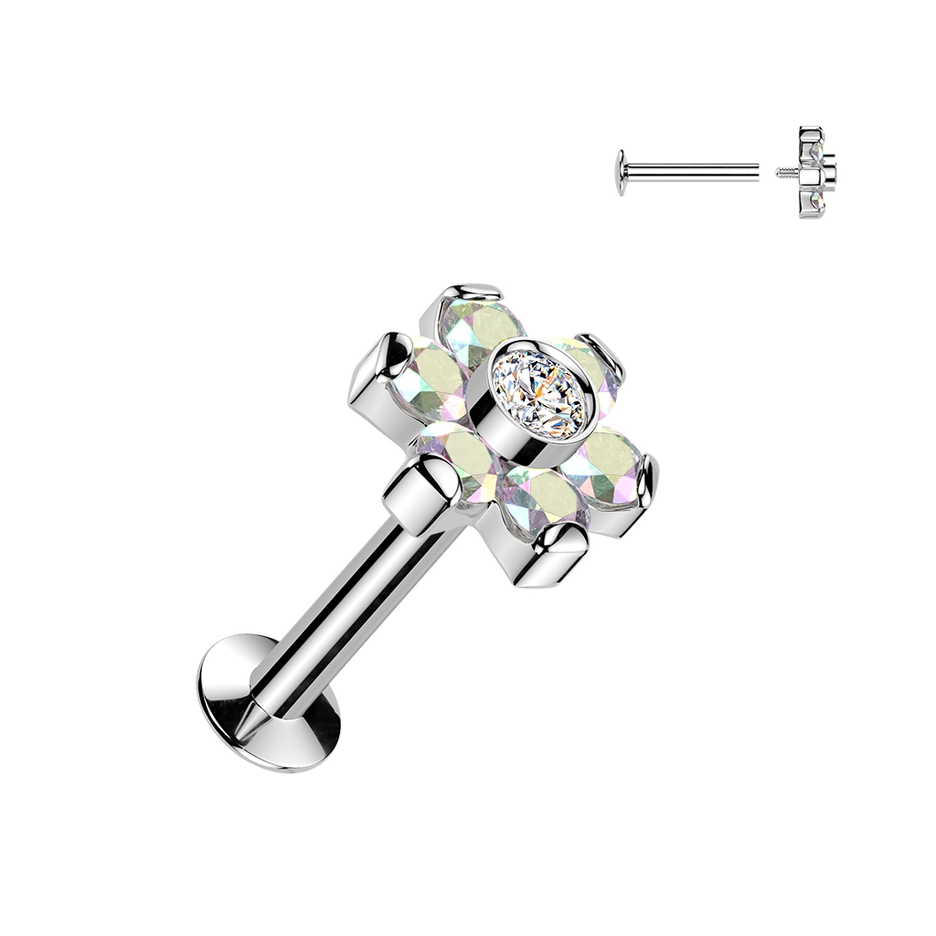 Stalowy labret z opalizującym kwiatkiem