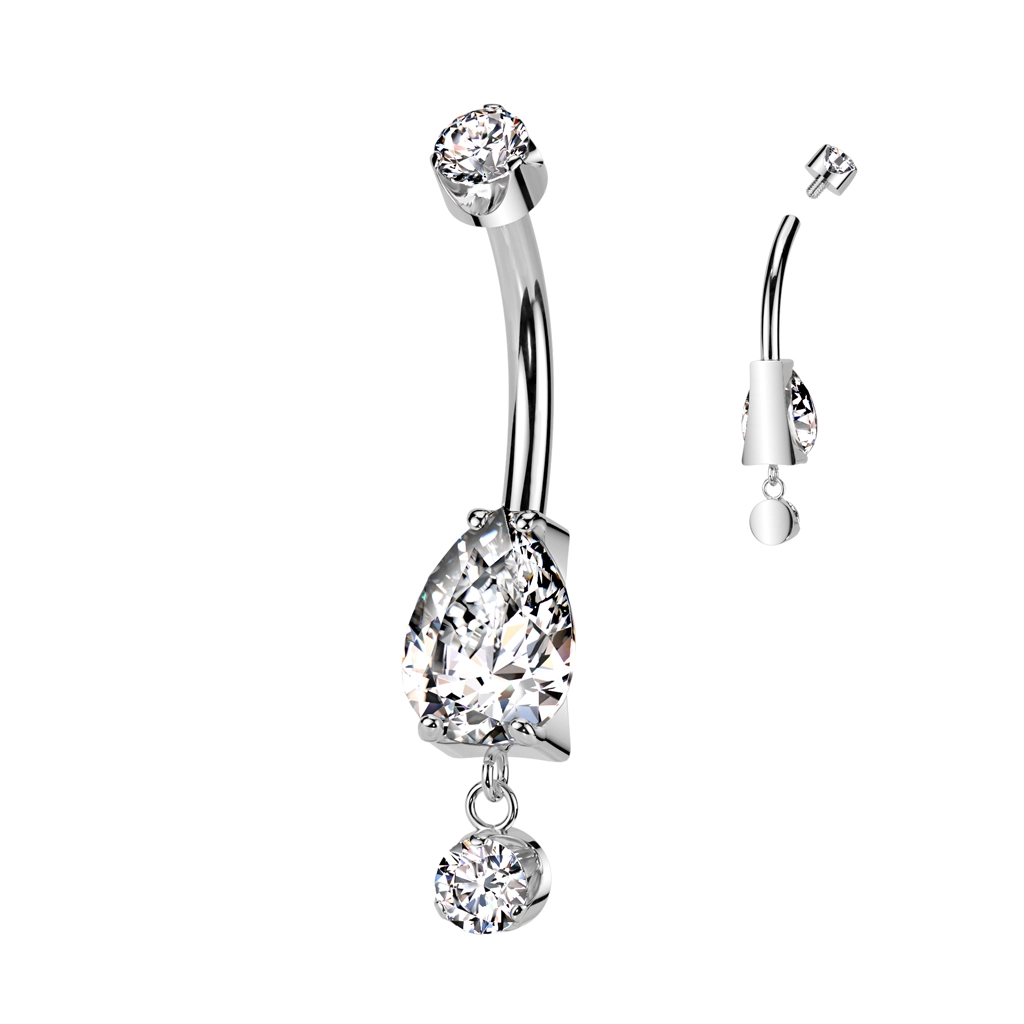 Tytanowy banan do pępka Pear cut dangle  białe cyrkonie