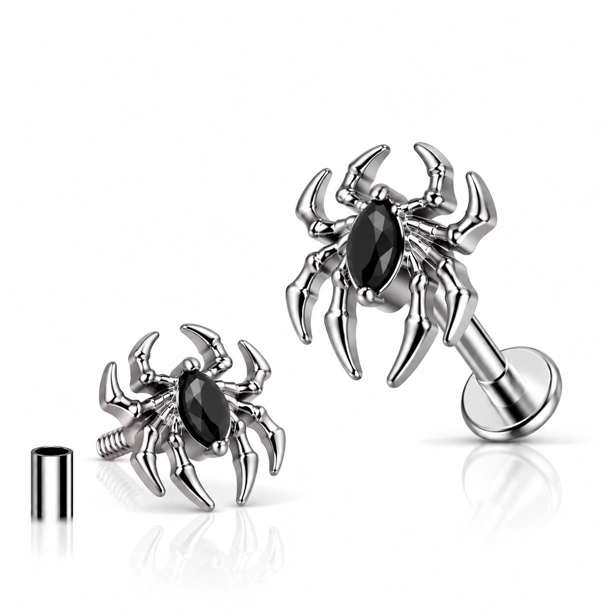 Tytanowy labret Black Widow z czarną cyrkonią