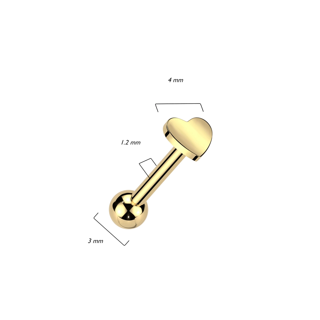 Gold titanium internally threaded Heart & Ball labret