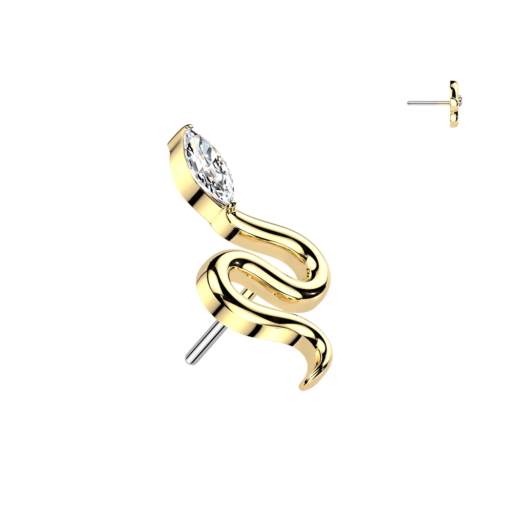 Gold titanium threadless push-in Serpiente top with clear CZ