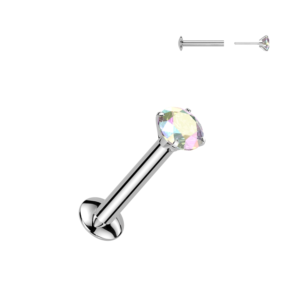 Steel push in labret with opalescent prong set gemstone