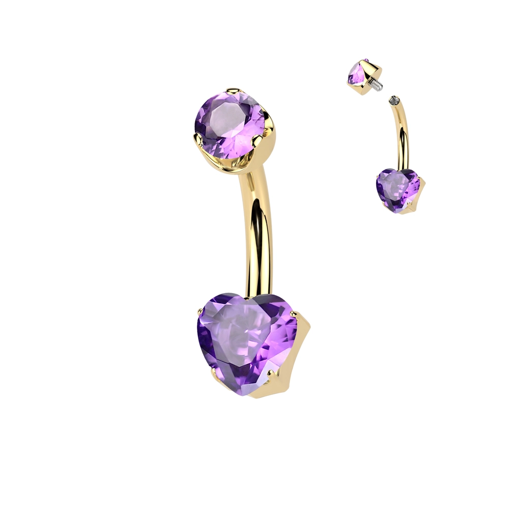 Gold titanium Mini heart navel barbell with amethyst