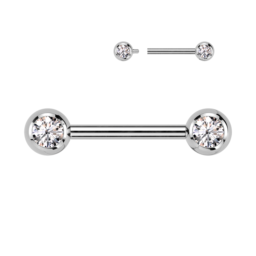 Titanium internally threaded nipple barbell with clear gems