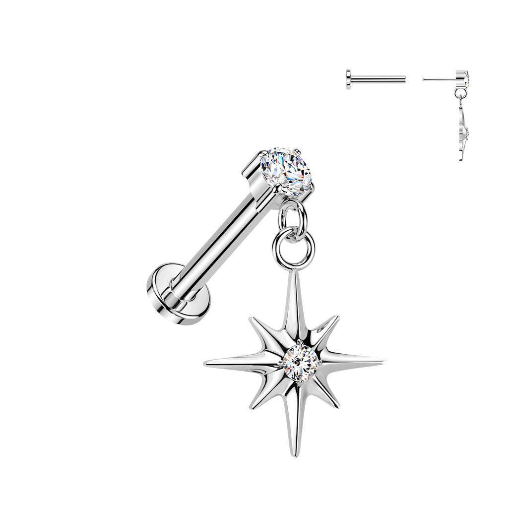 Titanium North Star dangle push-in labret with CZ