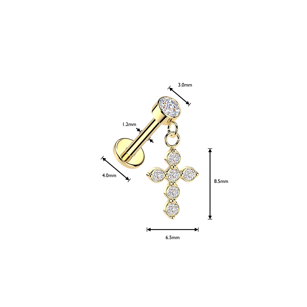 Złoty labret z zawieszką Cross i gwintem wewnętrznym