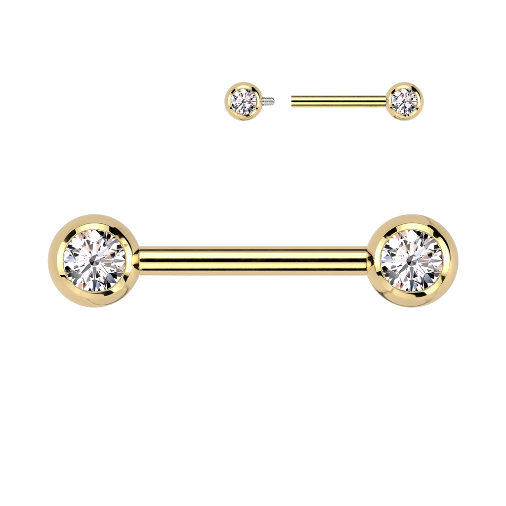 Gold internally threaded nipple barbell with clear gems