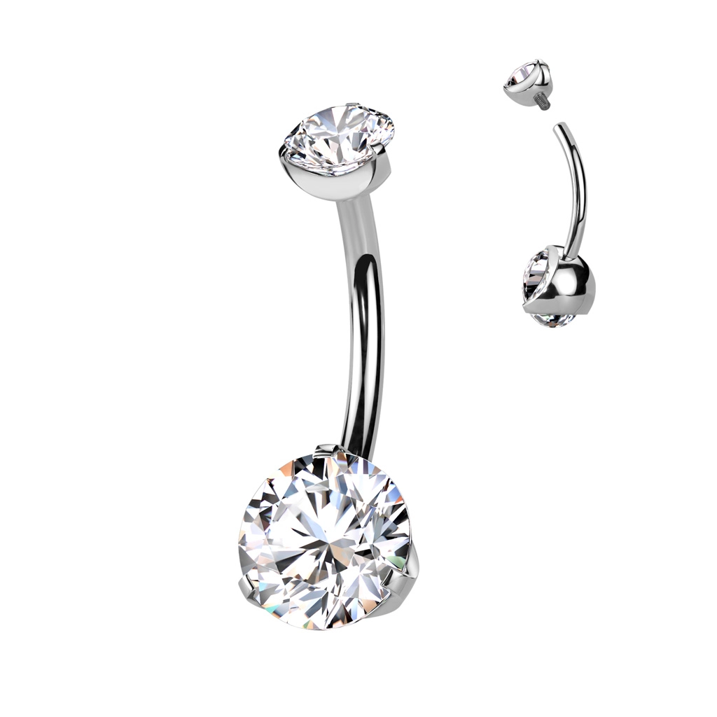 Titanium belly button barbell round clear gemstones