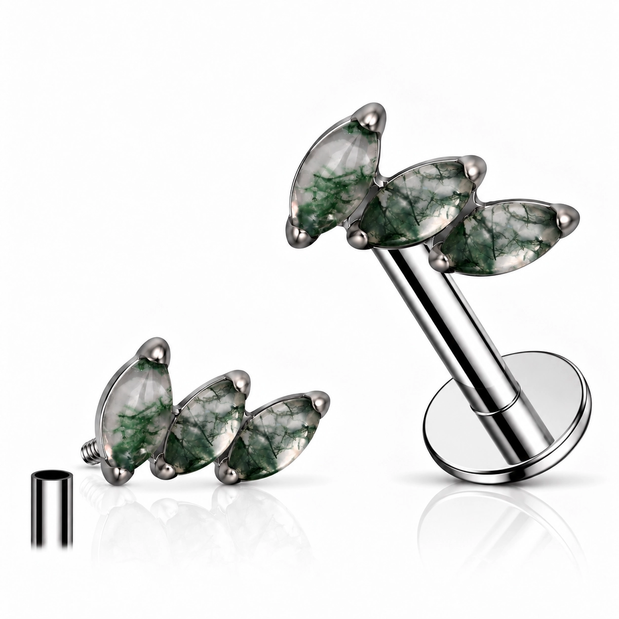 Tytanowy labret 3 marquise leaf moss agate prong set