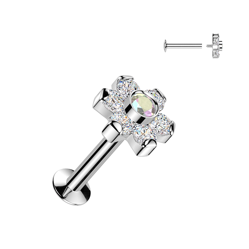 Steel labret with clear flower