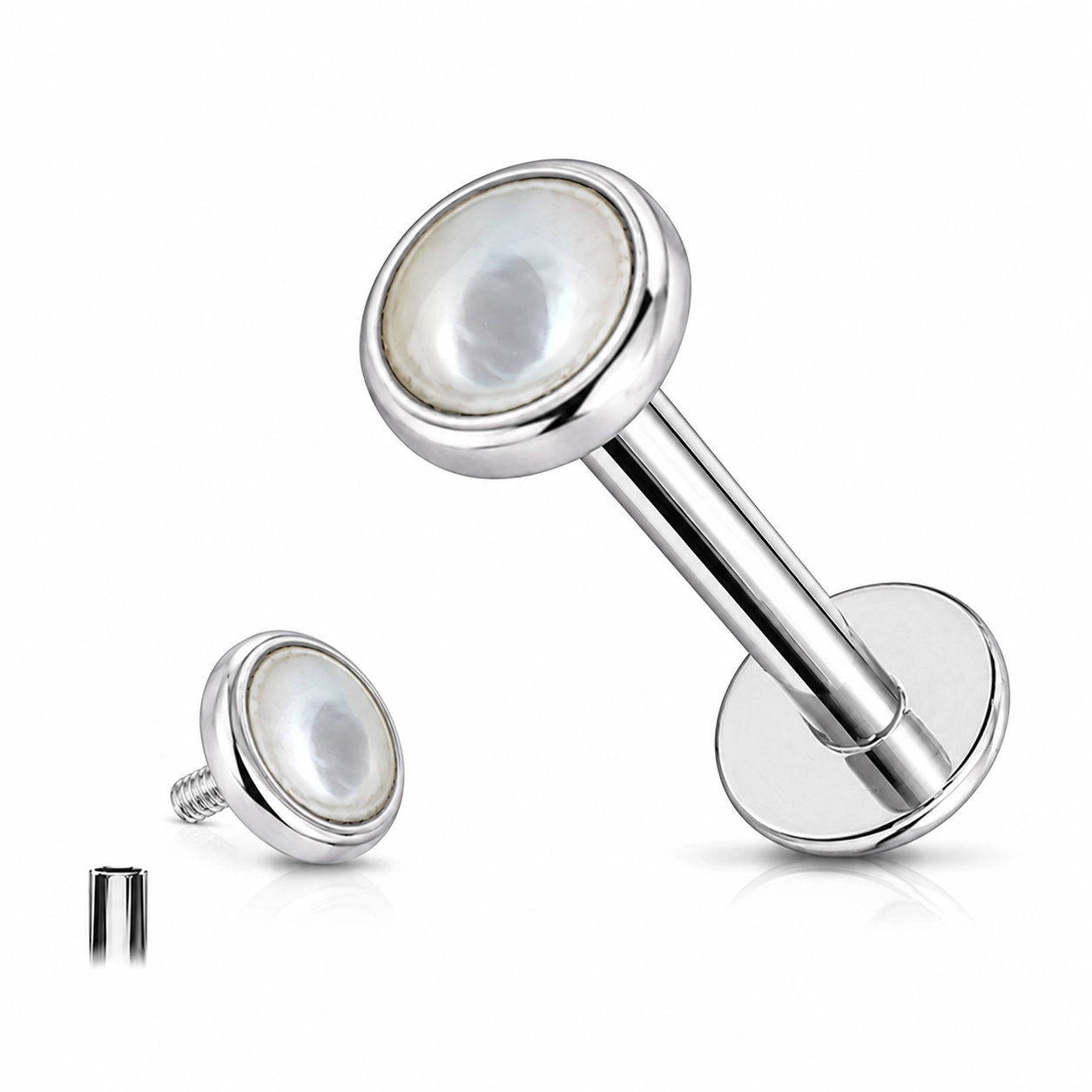 Tytanowy labret white shell bezel set