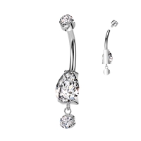 Tytanowy banan do pępka Pear cut dangle  białe cyrkonie